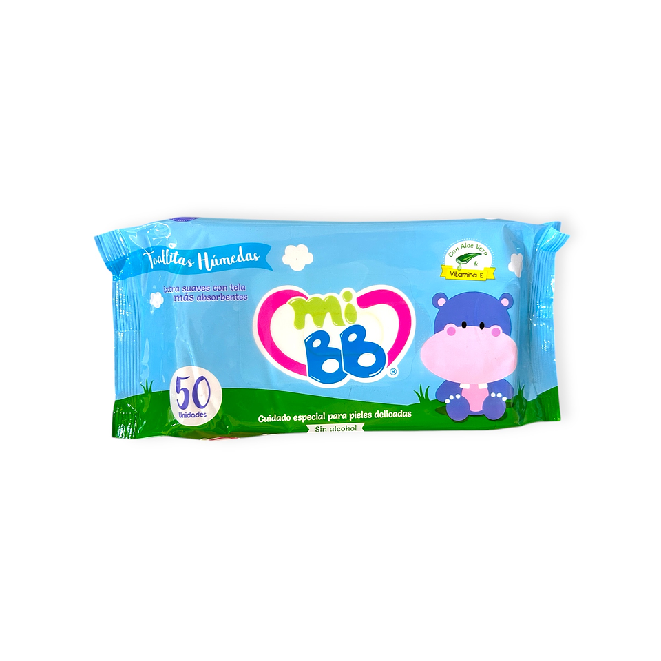 Toallitas Húmedas Extra Suaves con Tela Absorventes con Aloe Vera y Vitamina E 50uni MiBB 1
