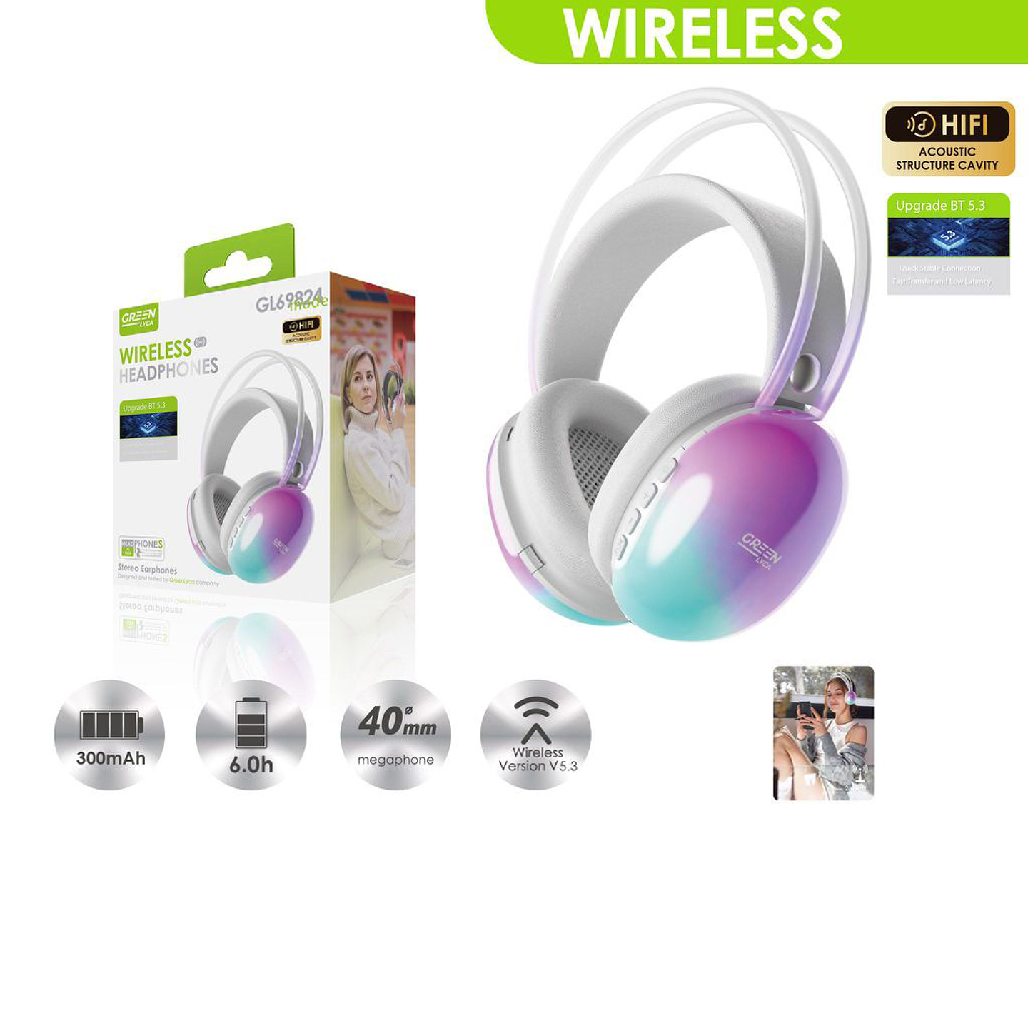 Audífono Bluetooth GL69824 Hifi Tornasol Green 1