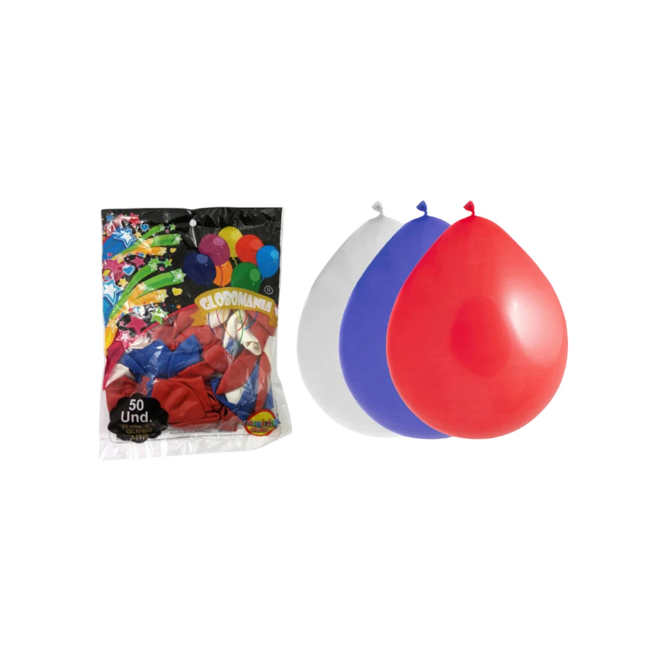 Globos Latex Tricolor N9 Blanco Azul y Rojo 50uni 1