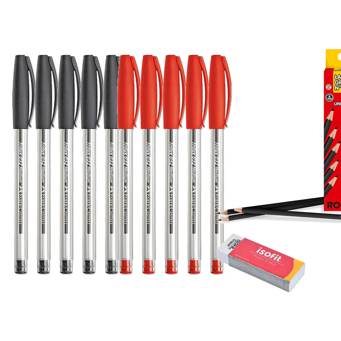 Kit escritura oficina: bolígrafos pasta Faber-Castell negro y Rojo, Lápices mina y goma 1