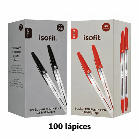 Set 100 Bolígrafos Pasta Negro Y Rojo 0.8mm Isofit