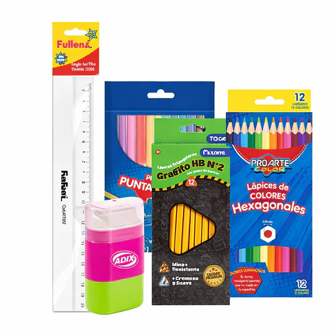 Kit Escolar Completo: Lápices Colores +  Grafito + Scripto + Goma + Regla 30cm