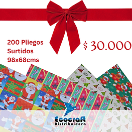 Pack 200 pliegos papel regalo navideño 10 diseños surt 98x68cm-m1