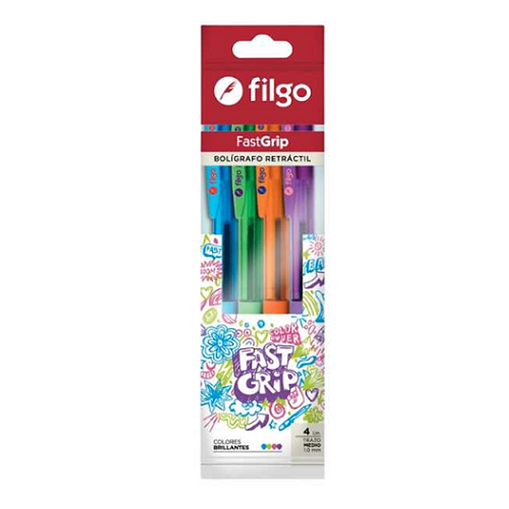 Set 4 boligrafos 1.0mm retractil col brillantes fast grip filgo-m3-m10