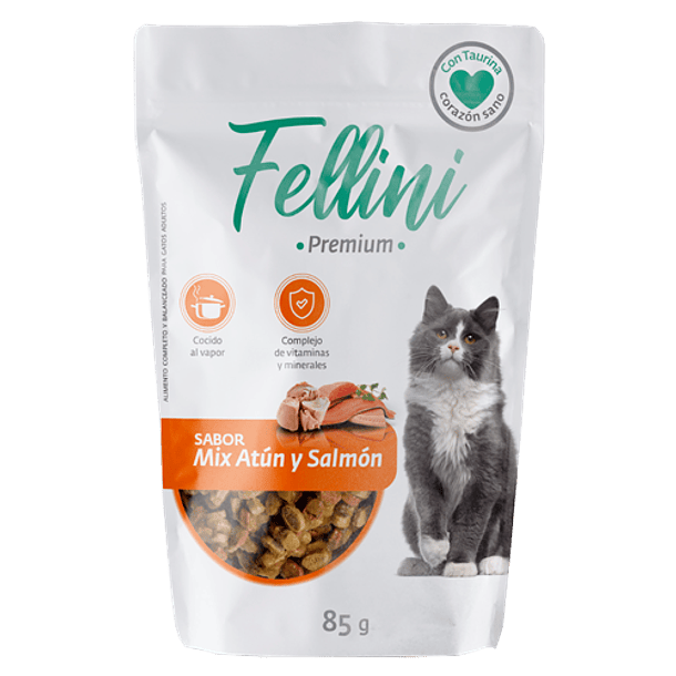 Fellini Mix de atún y salmón alimento húmedo para gatos 85 GR