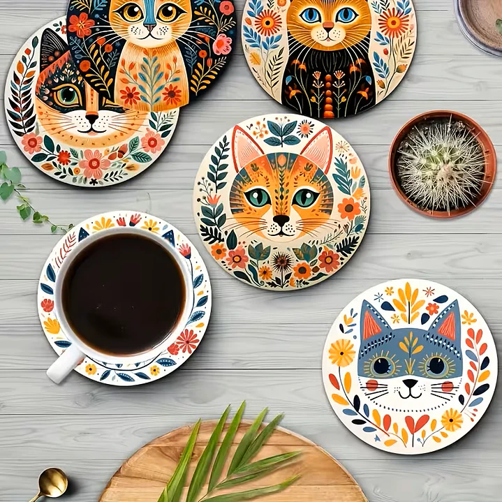 6 Piezas de Posavasos Encantadores con Diseño Felino Electrico 3