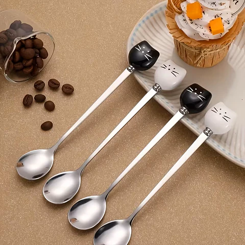 Juego de 4 cucharas de acero inoxidable con diseño de gatos