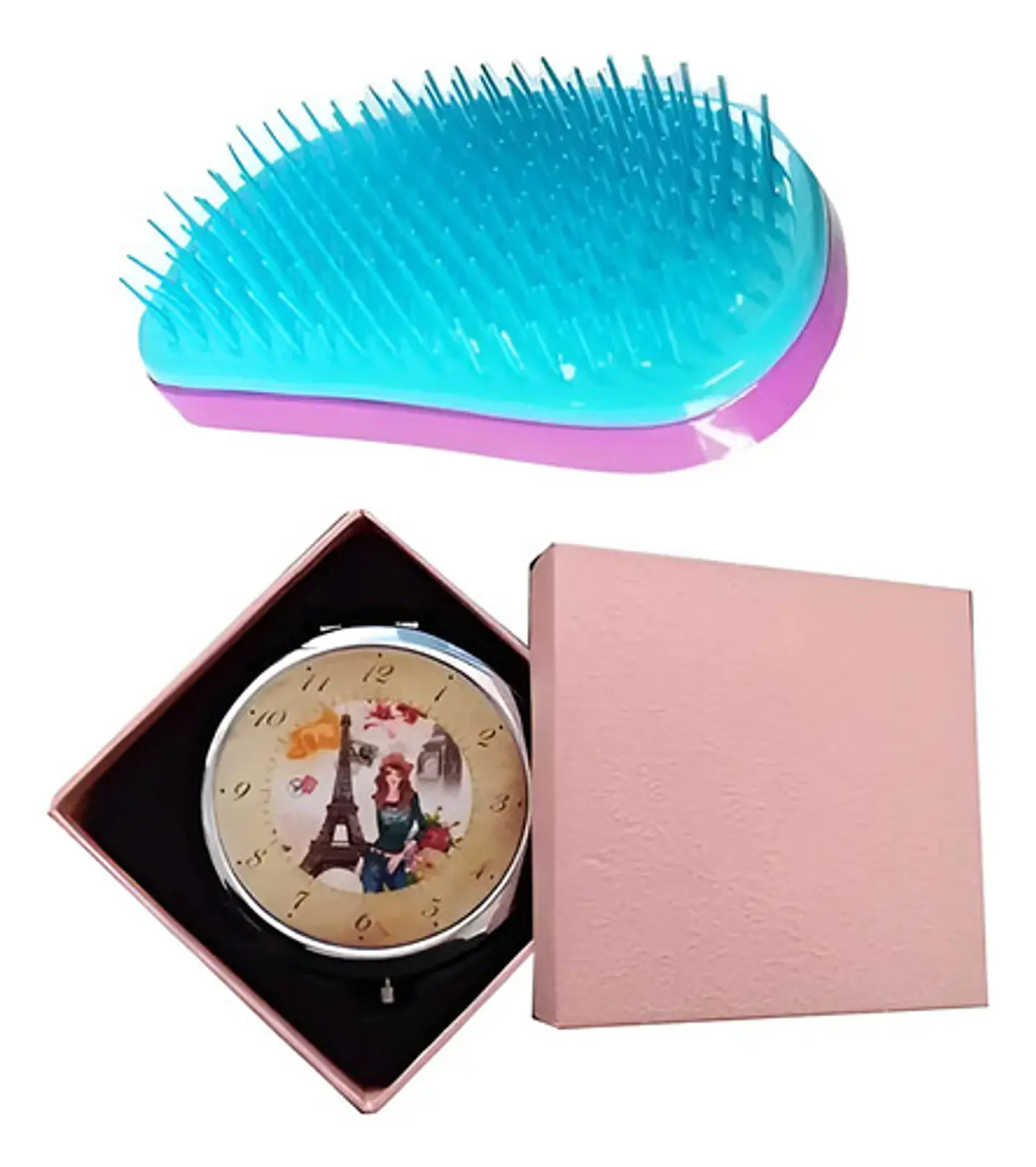 Kit Mujer Cepillo Peine Mas Espejo Metálico Belleza Cabello  1