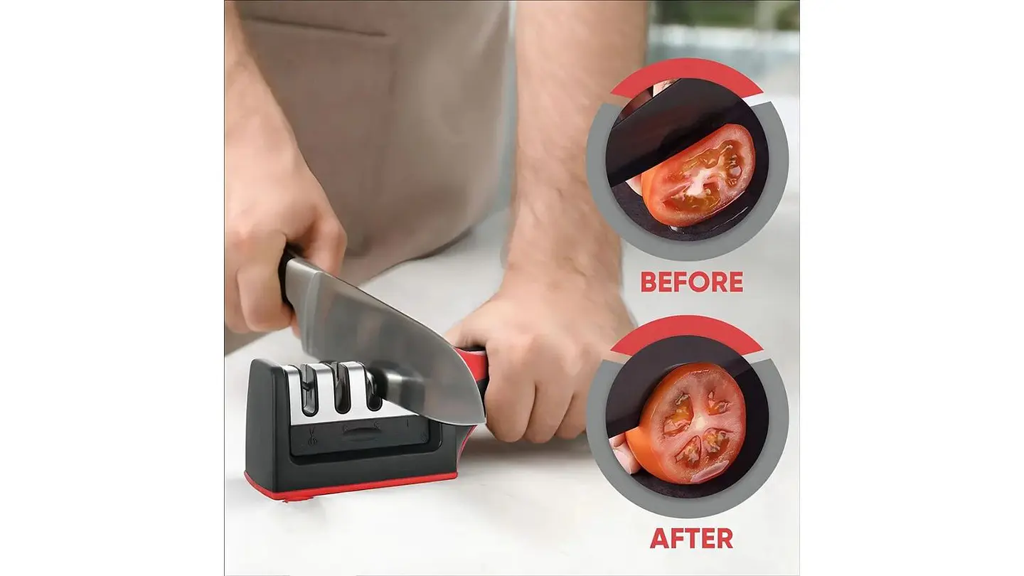 Afilador De Cuchillos Multifuncional Ergonómico Cocina negro con rojo 3