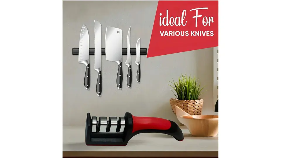 Afilador De Cuchillos Multifuncional Ergonómico Cocina negro con rojo 5