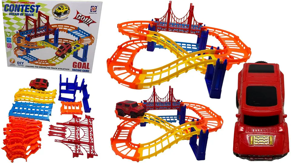 Pista De Carreras 2 Pisos Carro Rojo Con Puente Armable Pila Multicolor 1