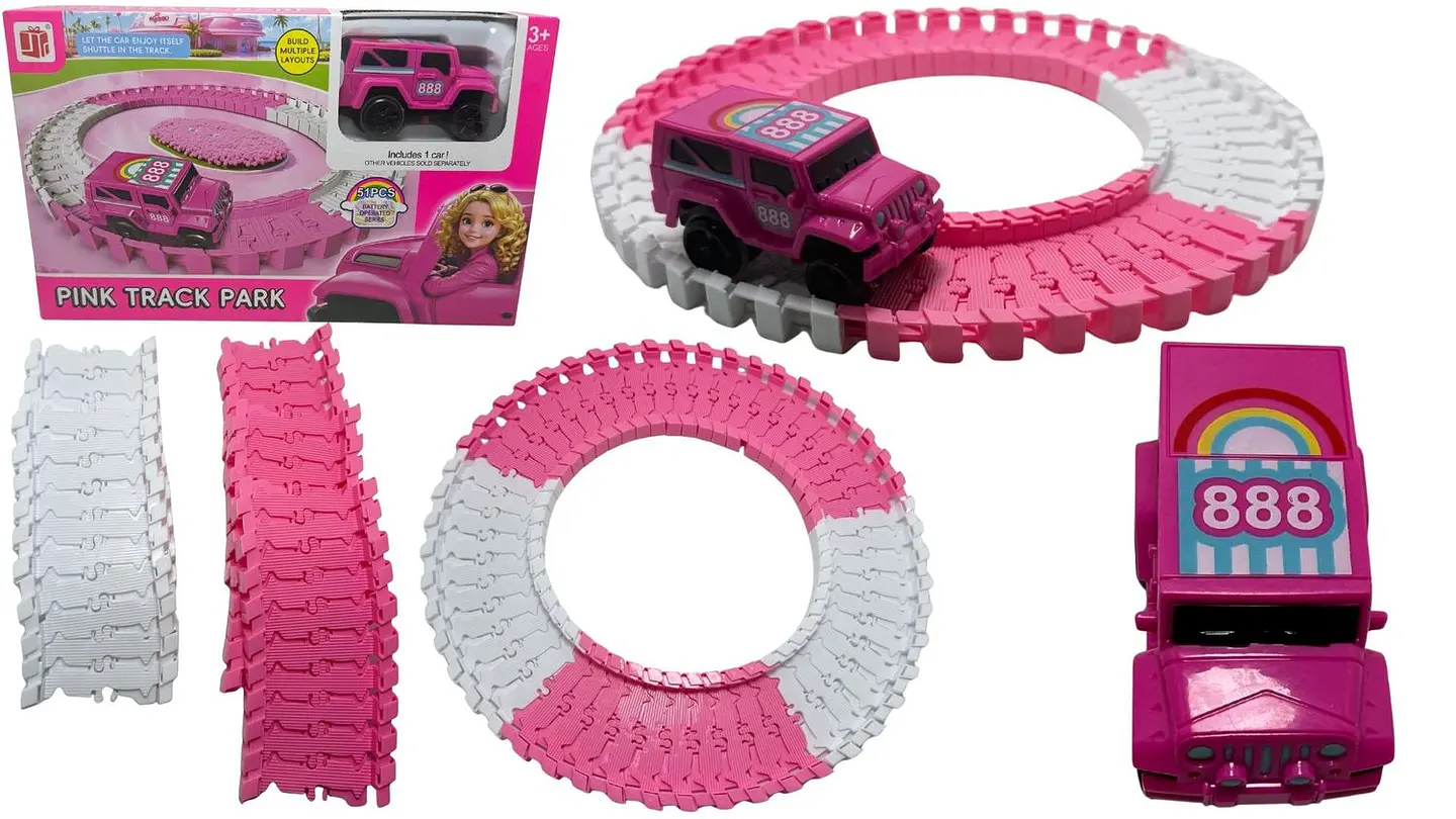 Pista De Carreras Carro Rosado 51pcs Para Niña Blanco Rosada Rosa Chicle 1