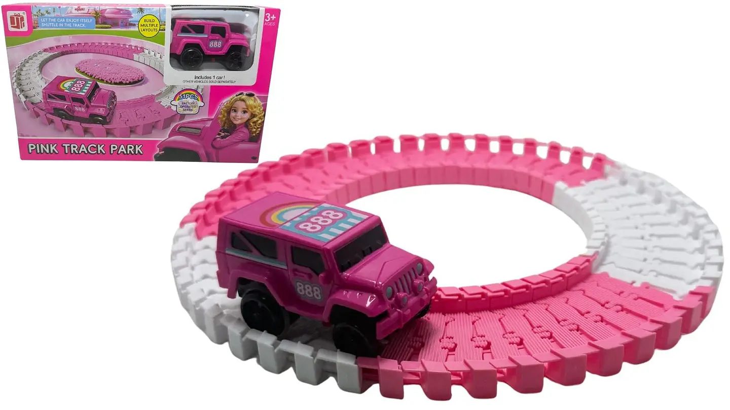 Pista De Carreras Carro Rosado 51pcs Para Niña Blanco Rosada Rosa Chicle 7