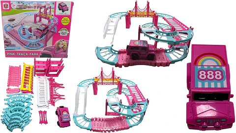 Pista 38 Pcs Carreras Blanco Rosada Para Niñas Carro Rosado Rosa Chicle