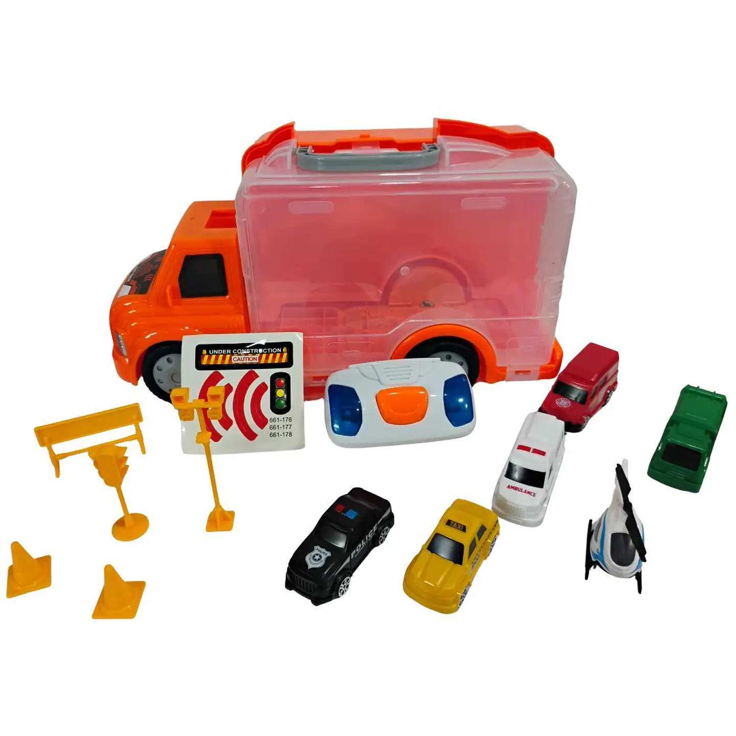 Camión Transportador Con Luces Y Sonido Señales De Tránsito Camion Naranja 1