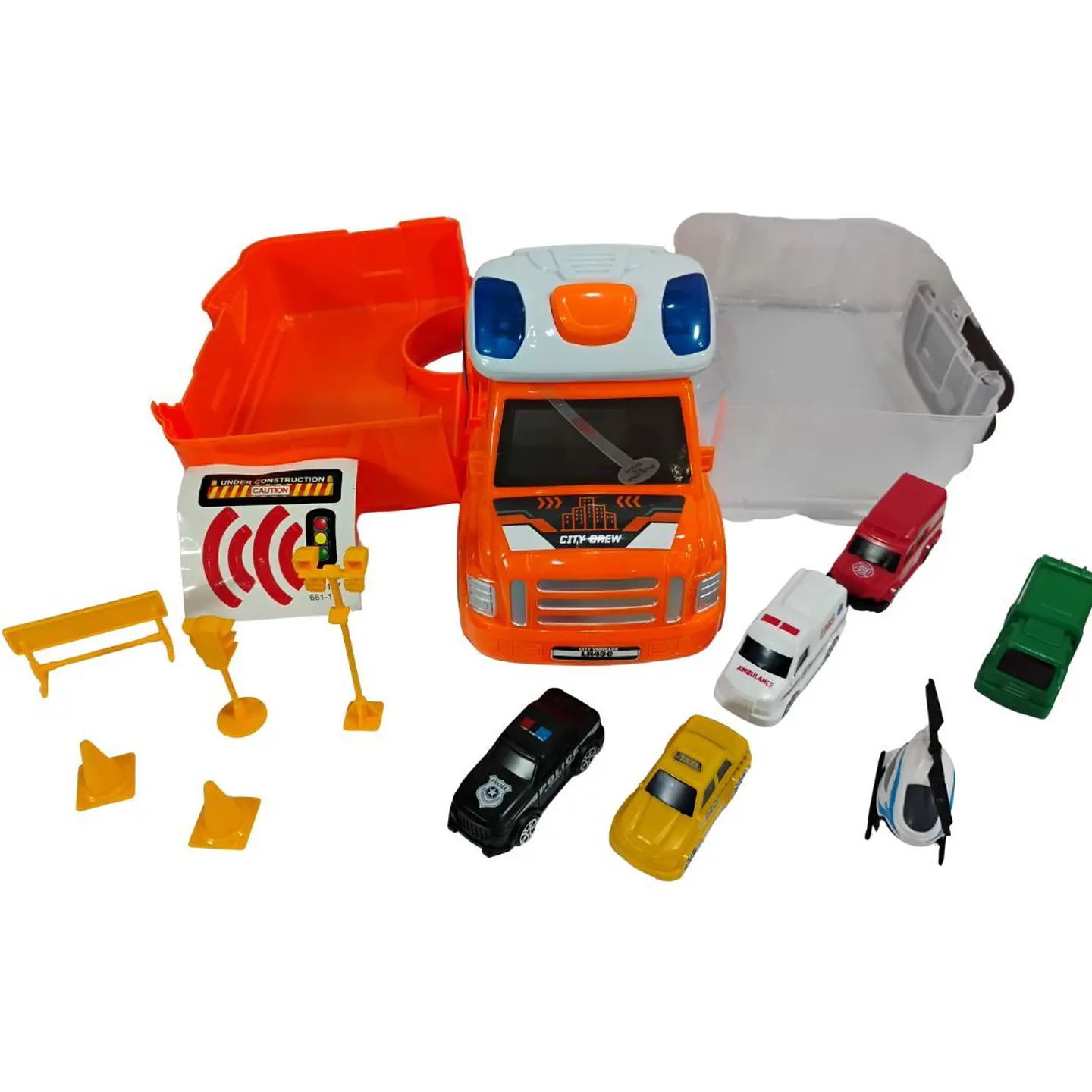 Camión Transportador Con Luces Y Sonido Señales De Tránsito Camion Naranja 2