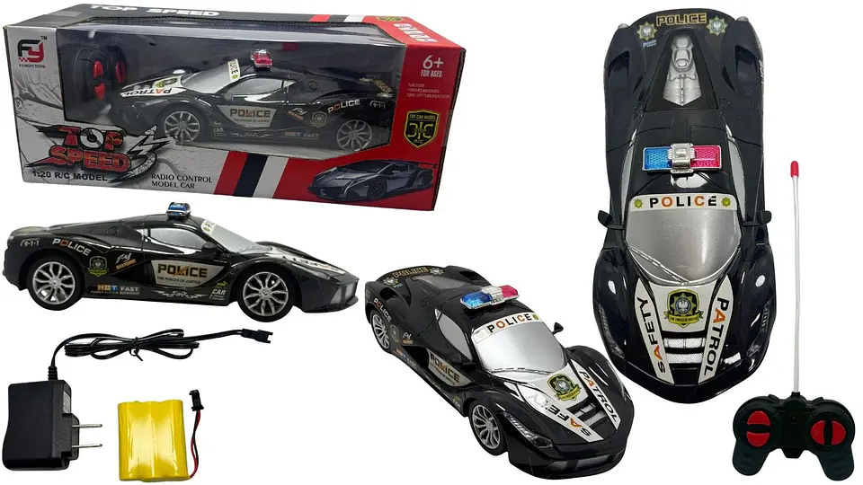 Carro Policía Luces Coche Auto Control Remoto Recargable Policía Negro 1