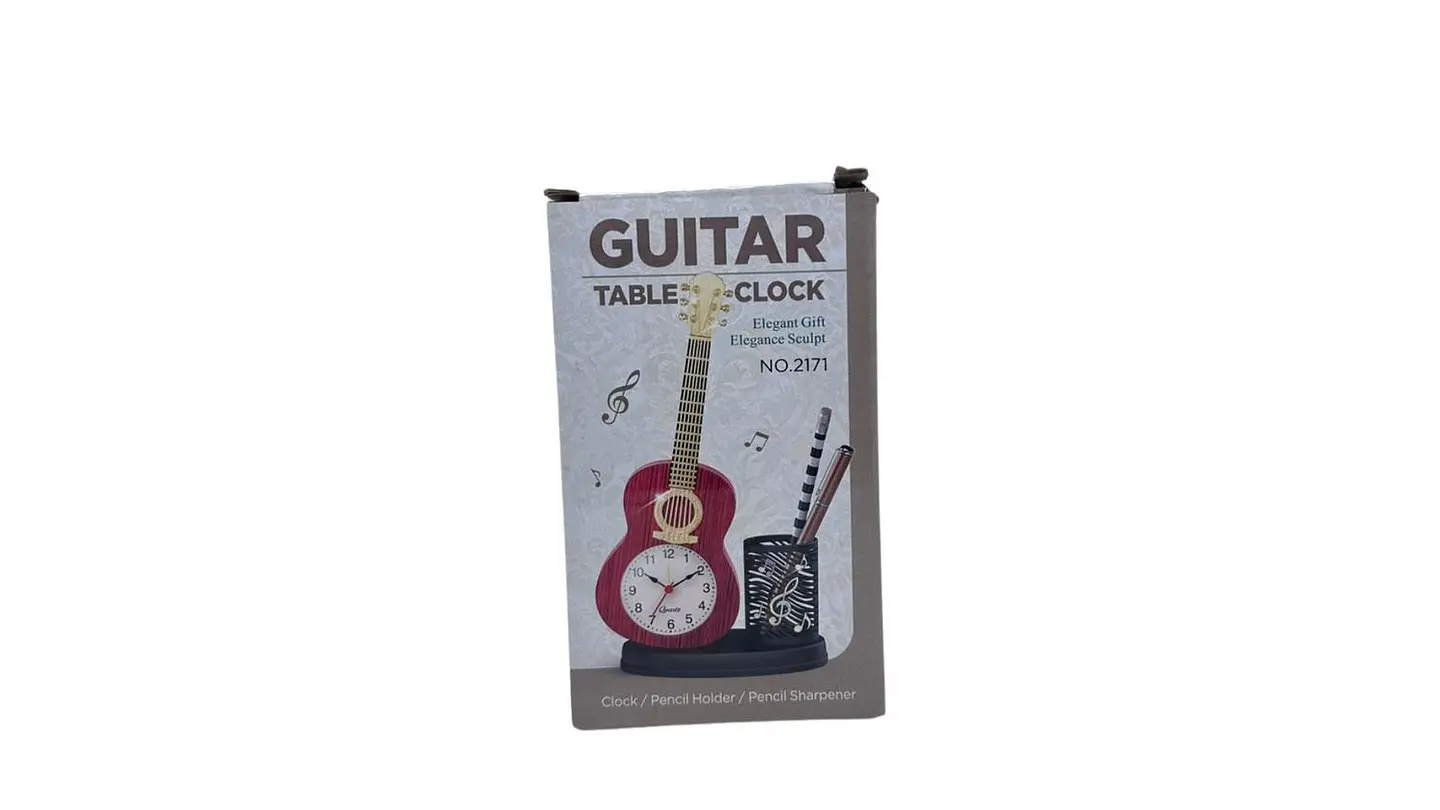 Reloj despertador guitarra con porta esferos decorativo 1