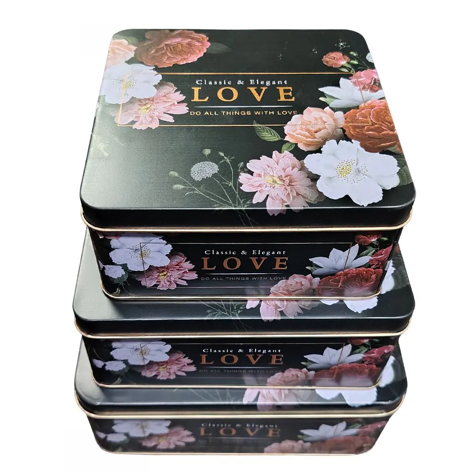Juego De 3 Cajas Metálicas Decorativas Diseño Floral Love Negro Flores 1