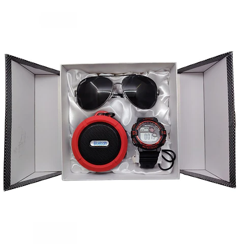 Kit Regalo Hombre Premium Reloj + Parlante Bluetooth + Gafas Negro