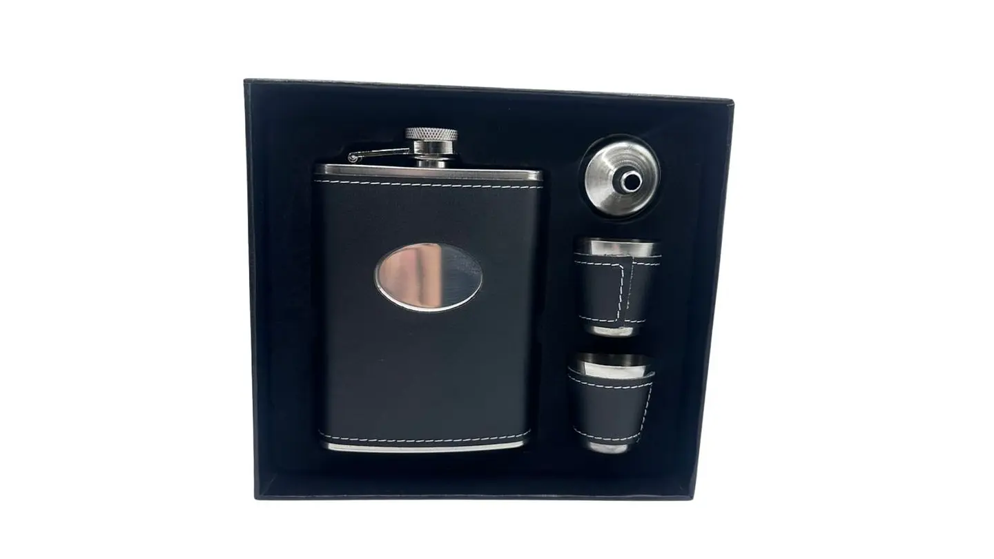 Set Licorera Acero 9oz con Vasos Embudo Estuche Elegante 2