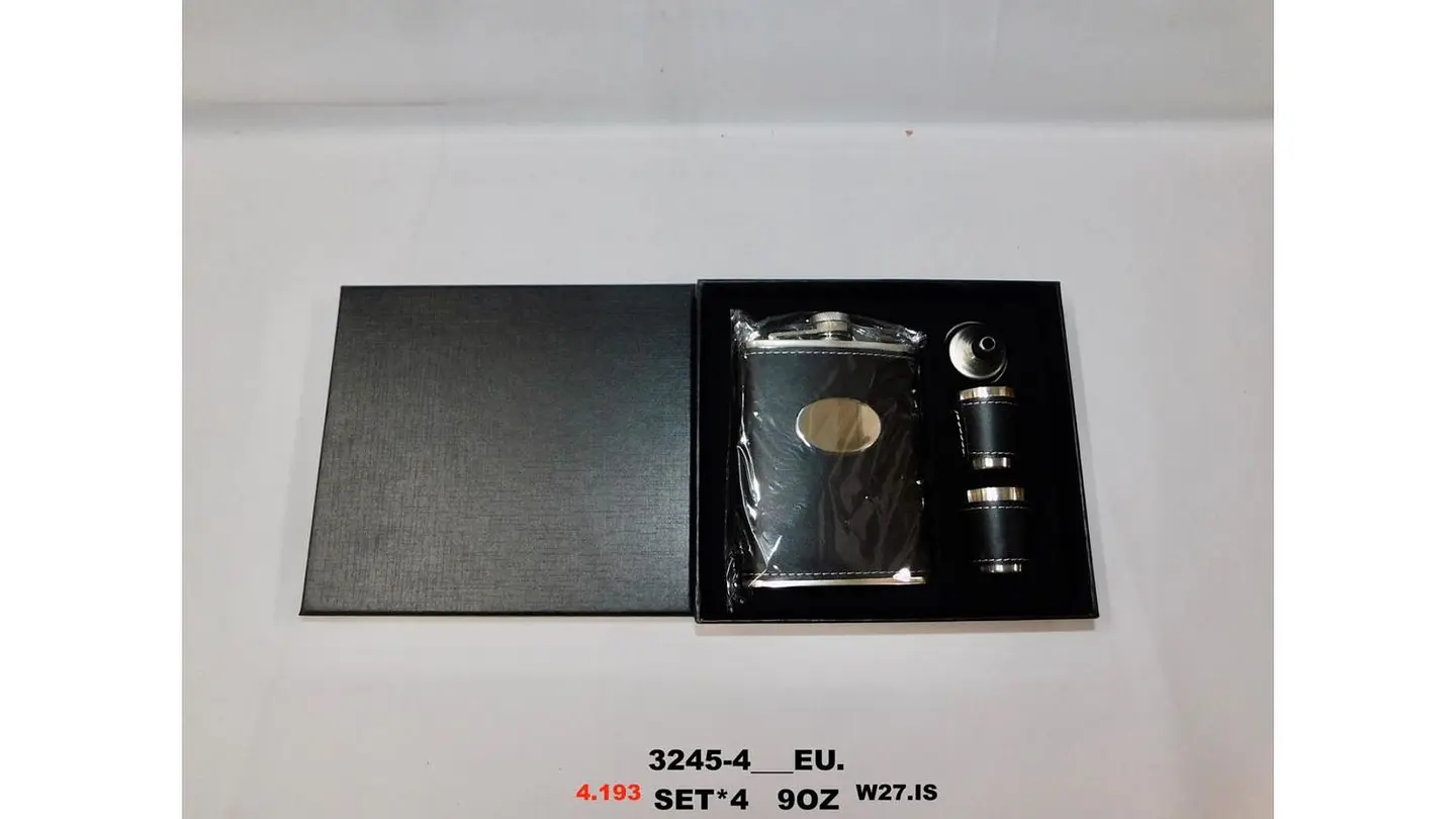 Set Licorera Acero 9oz con Vasos Embudo Estuche Elegante 4