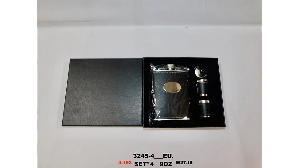 Set Licorera Acero 9oz con Vasos Embudo Estuche Elegante 4