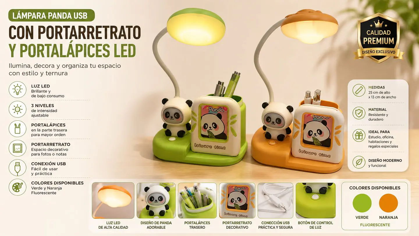 Lámpara Panda USB Con Portarretrato Y Portalápices LED 2