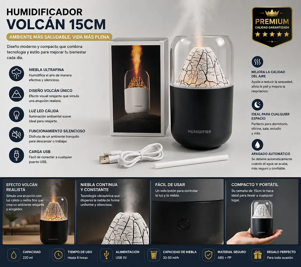 Humidificador Volcán LED USB Difusor Aromático Cute 2