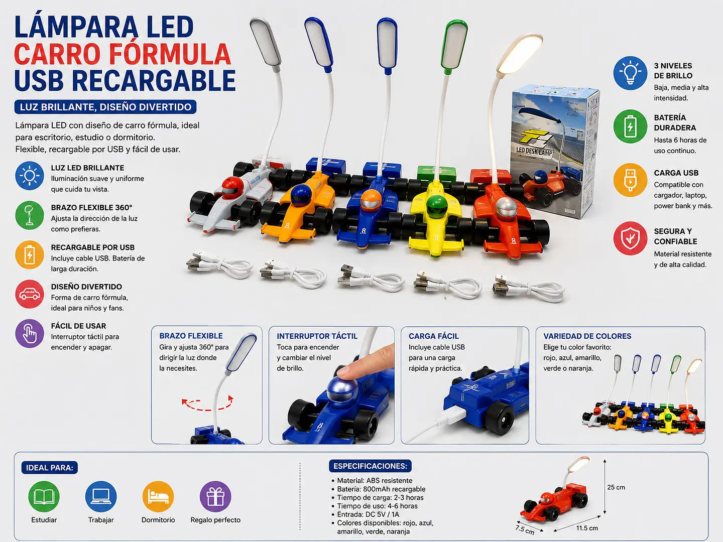 Lámpara LED Carro Fórmula USB Flexible Recargable 4