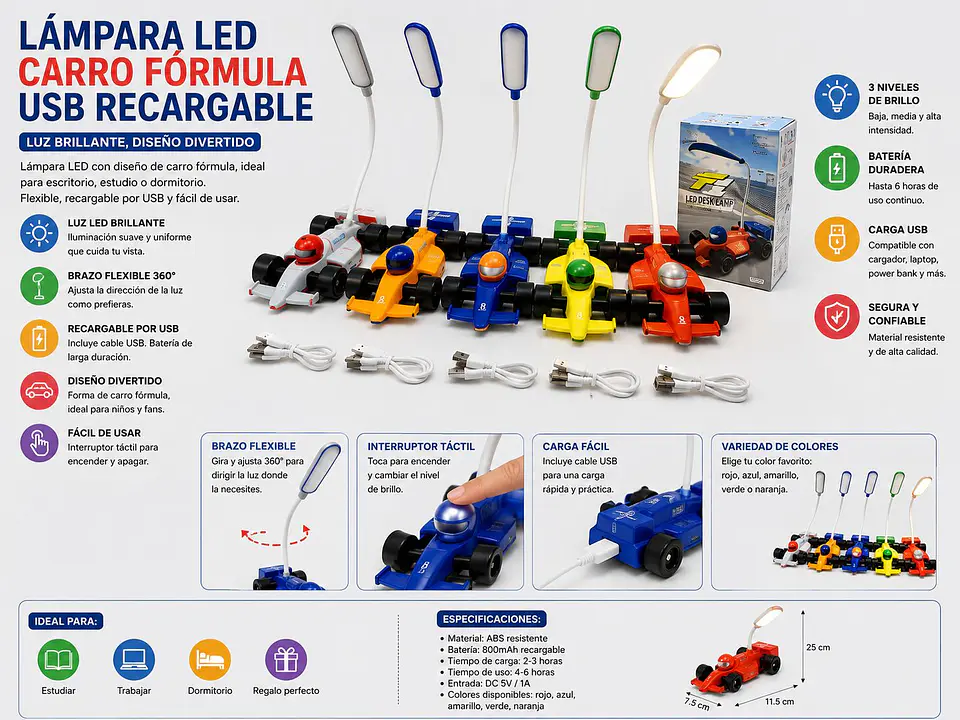 Lámpara LED Carro Fórmula USB Flexible Recargable 4