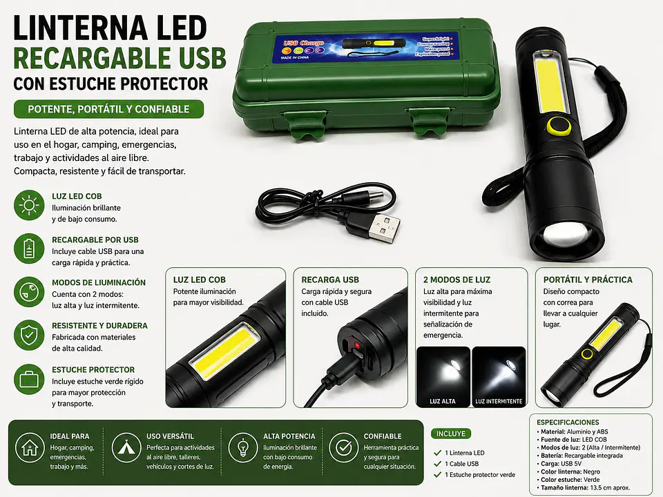 Linterna LED Recargable USB Con Estuche Protector 2