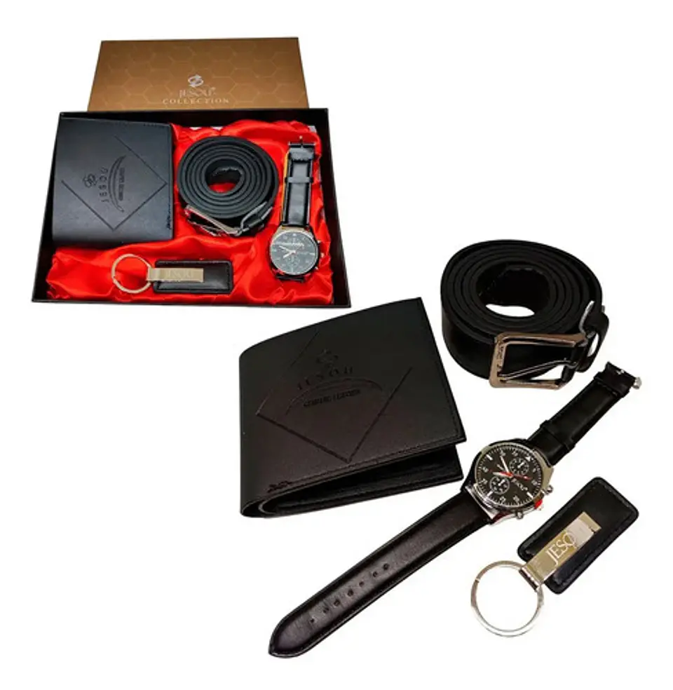 Set Para Hombre Billetera + Reloj +correa + Llavero  Estuche 1