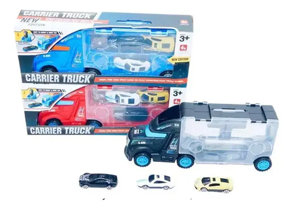 Camion Mula Lanza Carros Tráiler Tres Vehículos Juguete  2