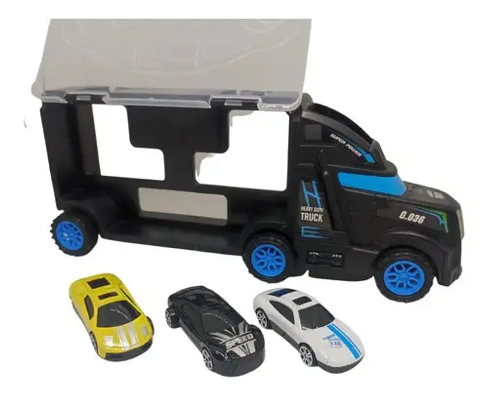 Camion Mula Lanza Carros Tráiler Tres Vehículos Juguete  5