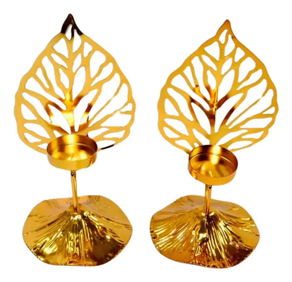 Candelabros Pareja Metálicos 20 Cm Vela Centro De Mesa Hoja  1
