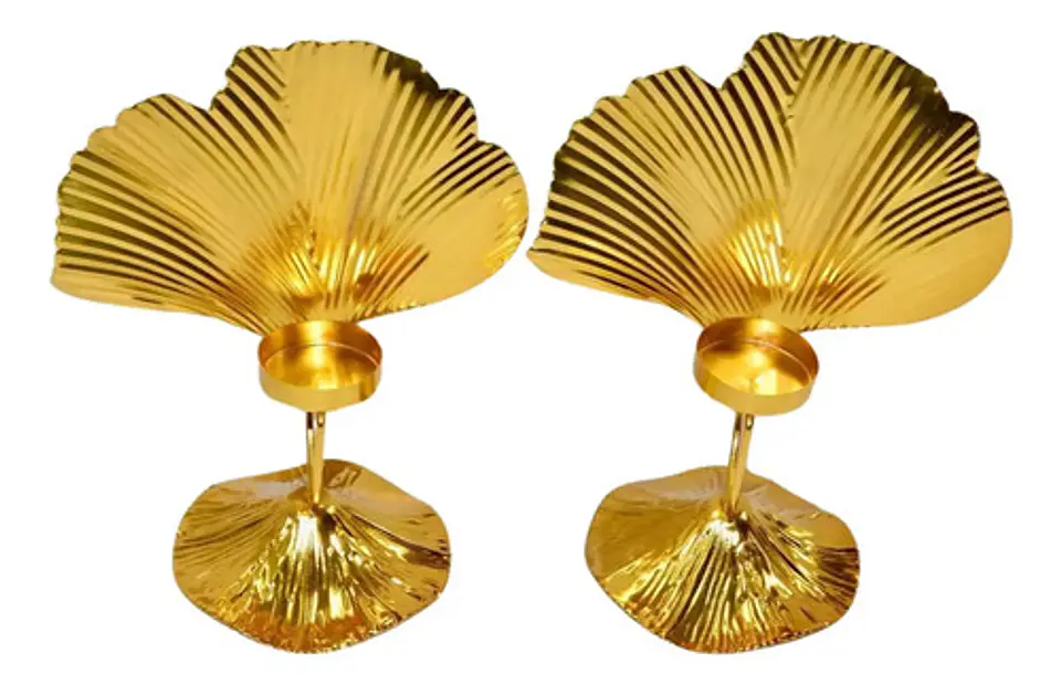 Candelabros Pareja Metálicos 17 Cm Vela Centro De Mesa Hoja  1