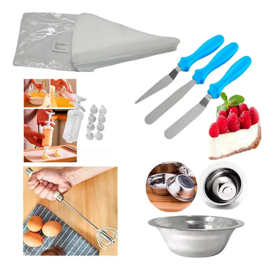 Kit Manga Pastelera Silicona Batidor Bol Acero Jeringas Past 1