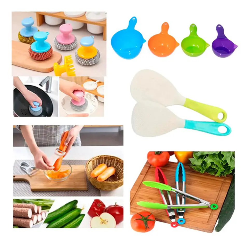 Kit Pelador Verduras Pinzas Cocina Cuchara Arrocera Esponjas 2