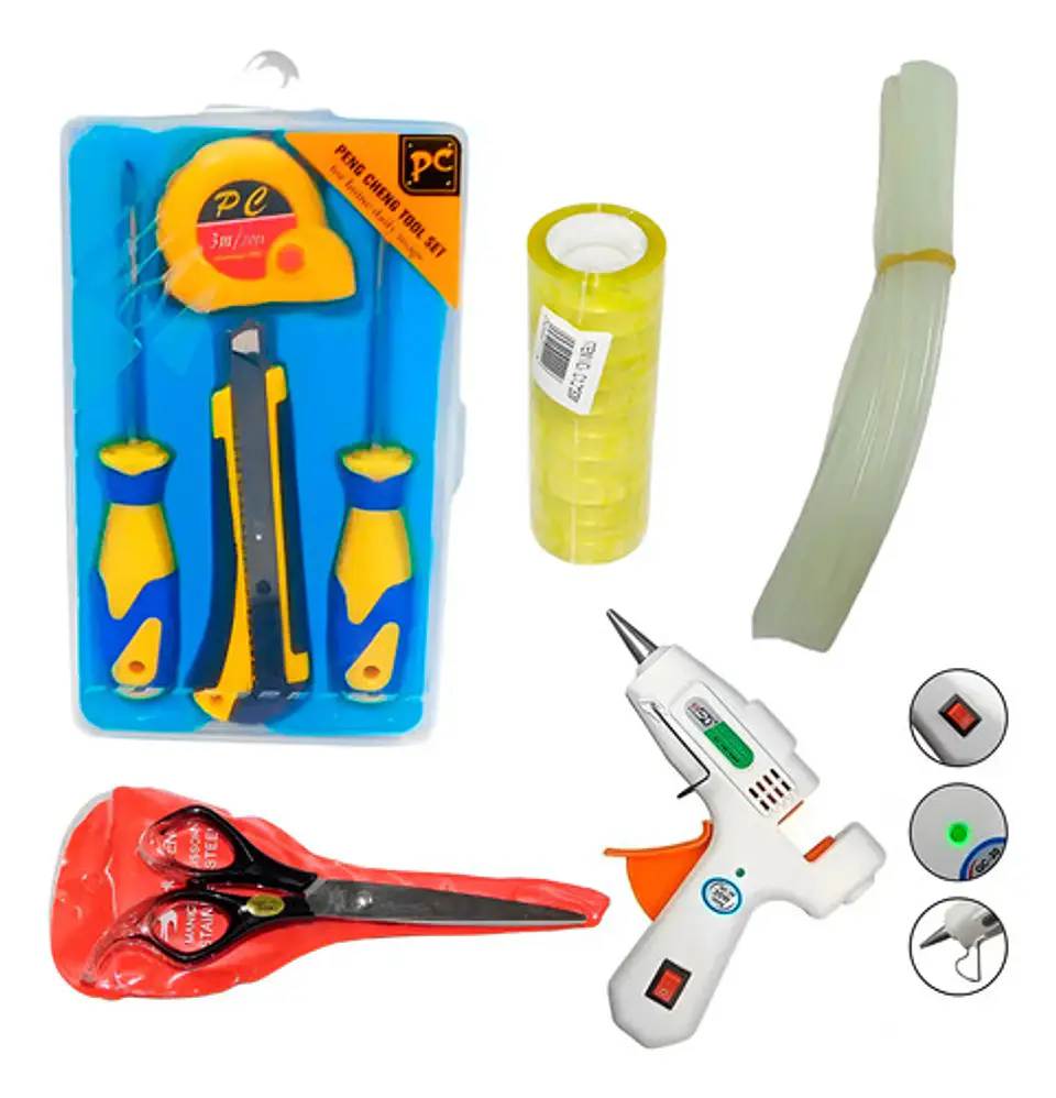 Kit Herramienta Pistola De Silicona Tijeras Barras Cinta 1