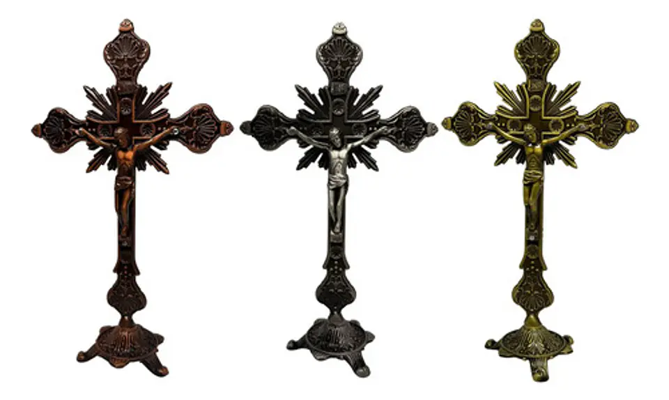 Crucifijo Pie Con Base Crucifixión Católica De Mesa Elegante 1