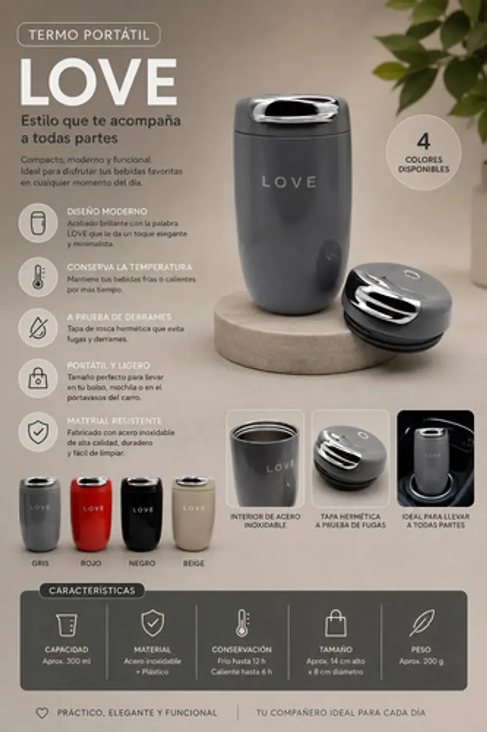 Termo Portátil Love Acero Inoxidable Con Tapa Hermética 300m 2