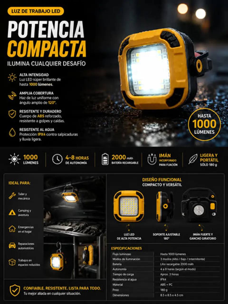 Reflector Led Recargable Ultra Potente 1000lm Portátil 2