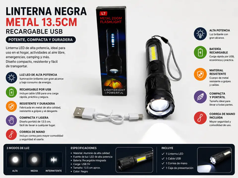 Linterna Recargable Portátil Led Con Zoom Ajustable 3