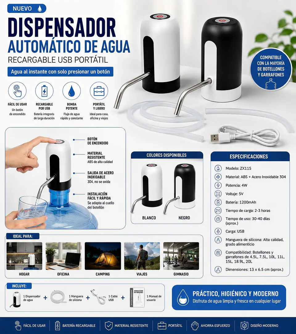 Dispensador Automático de Agua Recargable USB Portátil 3
