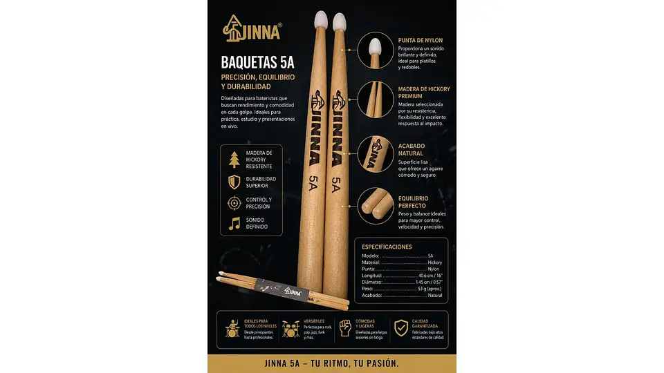 BAQUETAS JINNA 5A  Calidad Profesional para tu Música 3
