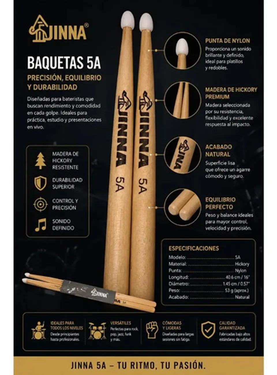 Baquetas Jinna 5a  Calidad Profesional Para Tu Música 2
