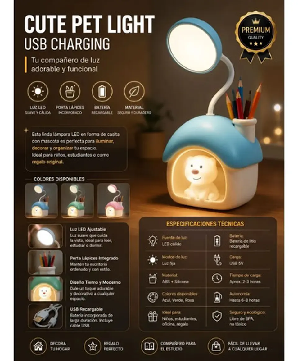 Lámpara Led Cute House Recargable Usb Con Porta Lápices 2