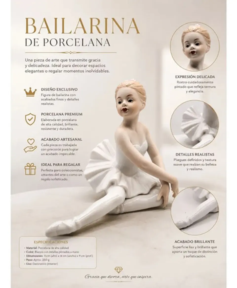 Figura Artística De Bailarina En Porcelana Blanca Premium 2