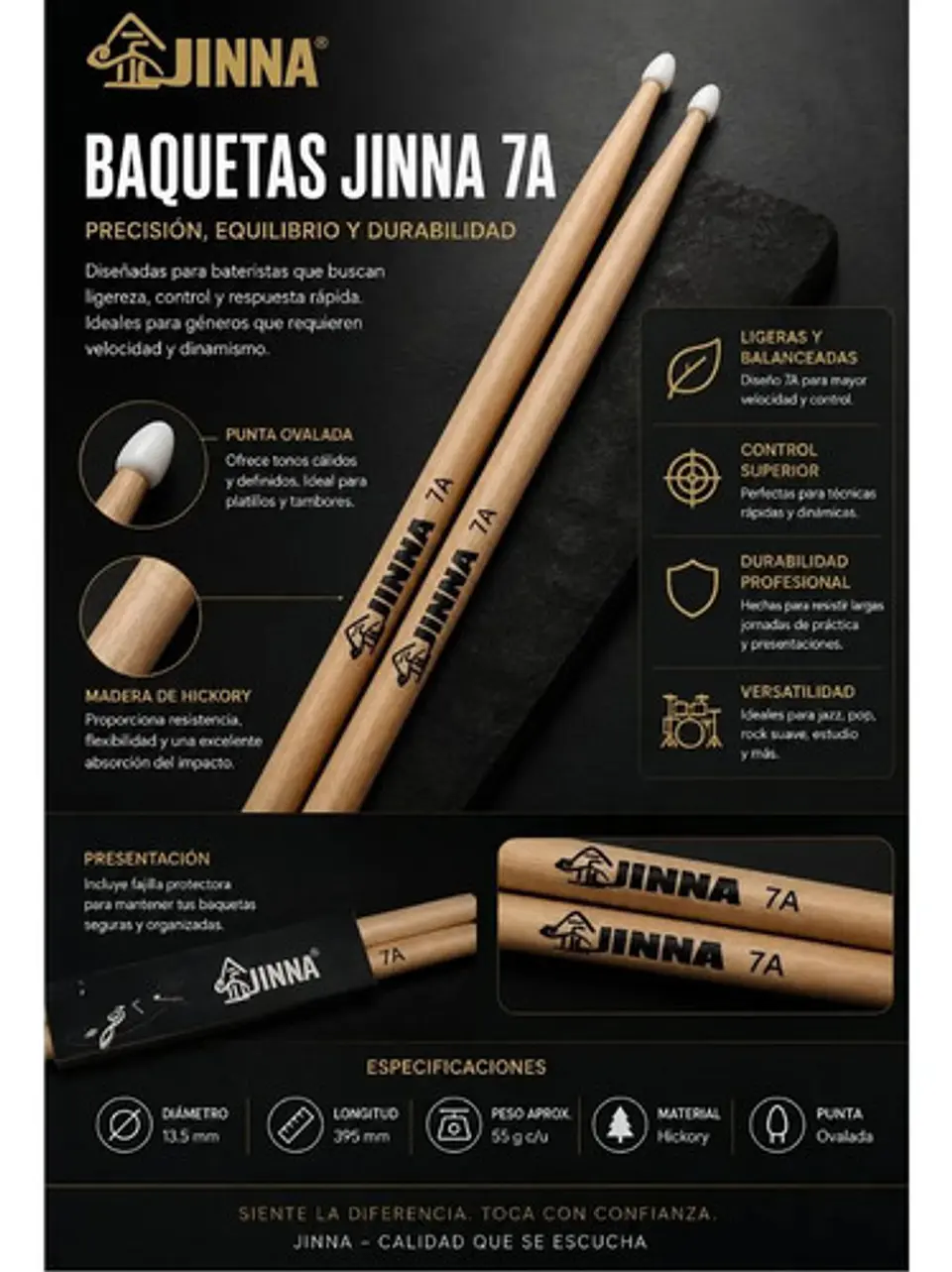Baquetas Premium 7a Jinna Para Batería Y Percusión 2